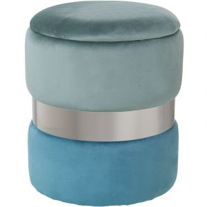 Fijalo - Pouf de Rangement Velours Vert d'Eau/Bleu avec Bande Acier Pla °37X43 Cm, Poly╔Ster/Dm