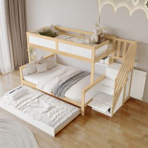 Okwish - Lit superposé 3 palces 90x200 / 90x190 / 120x200 cm lit enfant avec lit gigogne, barrière et armoire, pin+MDF, blanc+naturel, sans matelas