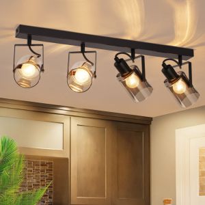 ZMH - Plafonnier 4 Spots E14 Vintage Gris Fum&eacute;e Verre Cylindre Orientable 350&deg;Spot de plafond pour salon hall chambre cuisine