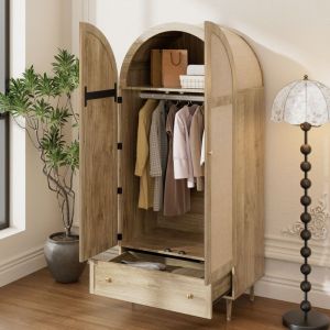 Garde-robe 175 cm, armoire avec 2 portes en tissu, barre et tiroir, Penderie design rustique en finition ch&ecirc;ne, avec pieds en bois, rangement pour