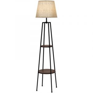 Lampadaire avec 2 &eacute;tag&egrave;res de rangement, douille E27 40 W, interrupteur &agrave; cha&icirc;nette, abat-jour en tissu, 42 x 42 x 166 cm, noir et marron