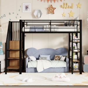 Lit mezzanine 90x200, lit pour enfants avec escalier de sécurité, rangements et petite penderie, étagères, design haute clôture, Noir