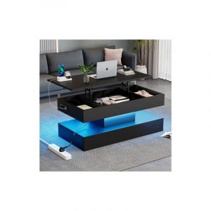 Okwish - Table basse relevable noire, table de salon avec &eacute;clairage led et espace de rangement cach&eacute;, 100x50x42 cm
