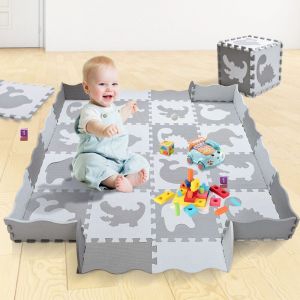 Dalle Tapis Mousse Bebe Puzzle Idéal pour Les Tapis De Jeux Enfant 16 pièces Animal carré et 16 Bords 4 Coins Blanc Gris