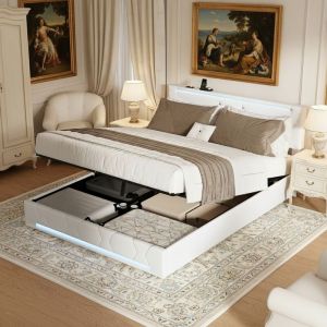 Lit coffre 160x200 cm, lit adulte avec rangement, &eacute;clairage LED et port USB, sommier &agrave; lattes en bois, style scandinave, lit double capitonn&eacute; en