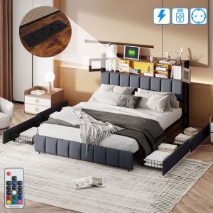 Lit avec rangement 160x200 cm, 2 places, avec 4 tiroirs, LED, t&ecirc;te de lit avec port USB, 2 portes, 2 &eacute;tag&egrave;res, sommier &agrave; lattes en bois, structure en