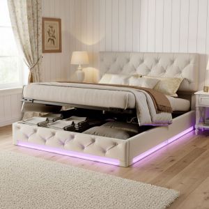 Lit coffre 140x190, lit double capitonn&eacute;, sommier &agrave; lattes, avec &eacute;clairage LED, espace de rangement, Tissu lin, Scandinave - Blanc