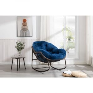 Redom - Chaise à bascule d'extérieur en rotin, fauteuil inclinable à bascule à coussin rembourré pour porche, salon, patio, jardin, bleu marine