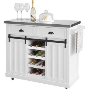 Desserte de Cuisine avec Roulettes, Meuble Roulant avec Plan de Travail Inox 116x46x95 cm – 2 Tiroirs, 2 Portes Coulissantes, 4 Étages,