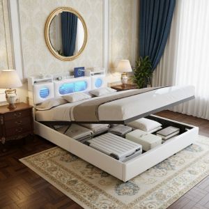 Lit coffre 160x200, lit double capitonné, avec Sommier, LED et USB - Tête de lit capitonnée, sommier à lattes - Blanc