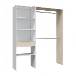 Armoire dressing avec &eacute;tag&egrave;re de rangement + 2 penderies + 1 tiroir coloris Blanc/ch&ecirc;ne - Longueur 158x Hauteur 187x Profondeur 40cm