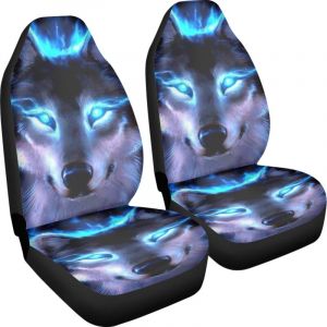 Lot de 2 housses de si&egrave;ge de voiture motif loup bleu n&eacute;on, pour femme et homme, accessoire de d&eacute;coration d'int&eacute;rieur avec imprim&eacute; loup universel pour