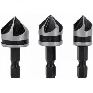 Ersandy - 3pcs 1/4' Hex hcs Fraise à Chanfreiner 5 Flûte Foret Embouts pour phanfreiner Évier à Fraise Conique 12mm/16mm/19mm Pour Bois Métal