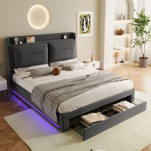 Lit coffre adulte 160 x 200 cm, led, lit rembourr&eacute;, hydraulique, avec tiroir de rangement, sans matelas, velours, gris