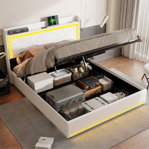 Lit 160x200 avec sommier,lit 160x200,Lit coffre 160x200,Lumières led réglables à la tête et au pied du lit,Deux ports de chargement usb et type