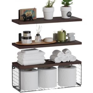 Etagere Murale Bois, 3+1 Etagere Salle de Bain, Etagere Murale Cuisine, Étagère Murale, Etagères Murales avec Panier de Rangement en Fil métallique