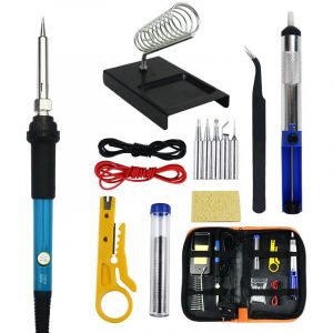 Kit de fer &agrave; souder 60 w avec temp&eacute;rature r&eacute;glable de 200 &agrave; 450 &deg;c et interrupteur marche/arr&ecirc;t, 5 pointes &agrave; souder, pompe &agrave; dessouder, fil &agrave; souder,