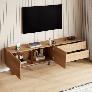 Meuble TV avec rangement 2 portes et 2 tiroirs, meuble tele bas bois naturel, 180x38x51,5 cm, pieds m&eacute;tal noir