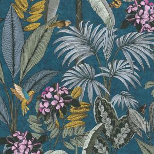 As Creation - Papier peint bleu avec oiseaux et fleurs Papier peint jungle Papier peint intissé embossé Idéal pour salon