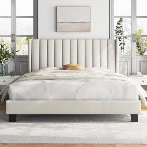 Lit Double Rembourré avec Sommier à Lattes, Cadre de Lit Moderne pour Adultes 2 Personnes, Tête de Lit à Rayures, Lit en Bois et Métal, Beige,160x200