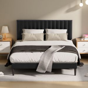 Lit adulte 140&times;200cm ,Cadre de lit double ,lit complet avec t&ecirc;te de lit rembourr&eacute;e r&eacute;glable, sommier &agrave; lattes inclus,noir