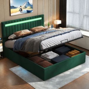 Rosahqnda - Lit coffre 140 x 200 cm, lit double, avec éclairage led, lit tapissé, velours, rangements, hauteur de tête réglable, lit ado pour la