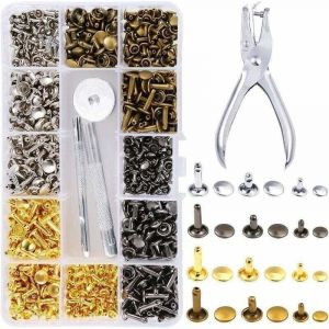Ensemble de rivets pour cuir 360&deg;, rivets &agrave; double t&ecirc;te, clous tubulaires en m&eacute;tal, 3 tailles, avec perforateur, 3 pi&egrave;ces et ensemble d'outils de
