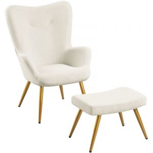 Yaheetech Fauteuil Scandinave &agrave; Oreilles avec Repose Pieds Fauteuil de Salon en Velours C&ocirc;tel&eacute; Dossier Ergonomique Chaise de Salon Design El&eacute;gant