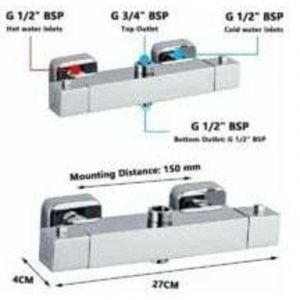 Mitigeur de douche monobloc, mitigeur thermostatique de douche &agrave; 2 sorties, sortie sup&eacute;rieure 3/4 (26,4mm) et sortie inf&eacute;rieure 1/2 (21mm), carr&eacute;,