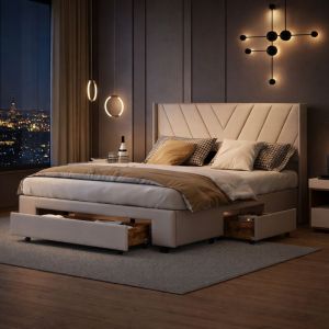 Lit double 160x200cm avec 3 tiroirs en bois massif, lit adulte avec sommier &agrave; lattes, lit capitonn&eacute; avec rangements, lin, beige