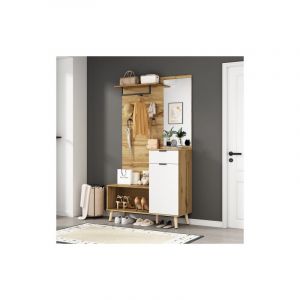 Vestiaire d'entrée 190 cm, banc à chaussures avec miroir, armoire à chaussures, tiroir, étagère et crochets, sans coussins, blanc et chêne