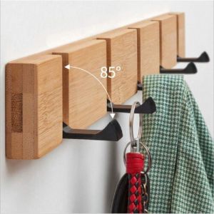 Pliable Patères en Bois Naturel, Porte-Manteau Mural avec 5 Crochets Étagère Murale Range-courrier Auto-adhésif Accroche clé Organiseur Muraux en