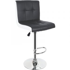 Lot de 2 Tabourets de Bar en Simili Cuir et M&eacute;tal Hauteur R&eacute;glable avec Repose-pieds et Base Chrom&eacute;s Noir et blanc