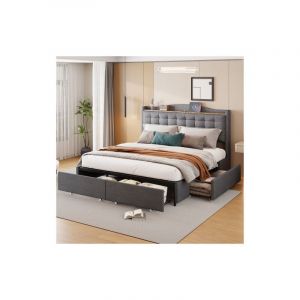 Lit adulte 160x200 cm, lit capitonné avec port de charge usb, table de chevet avec rangement, 4 tiroirs, sans matelas, lin, gris foncé