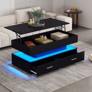 Table basse noire brillante avec éclairage led, 2 tiroirs - table basse relevable 100x50x44 cm