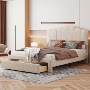 Lit adulte 160x200,lit 160x200,lit double,lit capitonné,avec tiroir,tête de lit réglable en hauteur, 2 ports usb + 1 port Type-c, velours teddy, beige