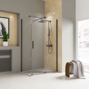 Schulte - Porte de douche coulissante + paroi de retour fixe, 140 x 90 x 200 cm, verre 8 mm, profilé noir, Toura