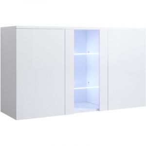 Buffet de salon bas 3 portes 2 étagères vitrine avec led 120x70x40cm Meuble suspendu Modèle luke A1 Couleur Blanc Finition Brillante
