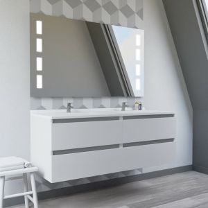 Arlequin - Meuble double vasque 140 cm avec miroir Prestige- Vasque Blanc- Traverses Gris