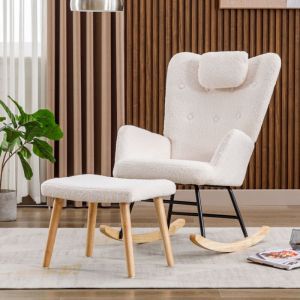 Fauteuil à bascule en Velours teddy,Fauteuil relax avec Repose-pieds + Repose-tête,Rocking chair élégant Capacité de charge 100 kg,Blanc