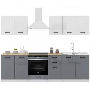 Dusine - Cuisine Sanclar 7 &eacute;l&eacute;ments - haut blanc bas gris laqu&eacute; - 2m60 four encastrable