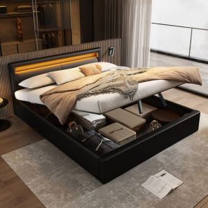 Lit coffre adulte 140x190cm, simili cuir, lit double LED, sans matelas, noir