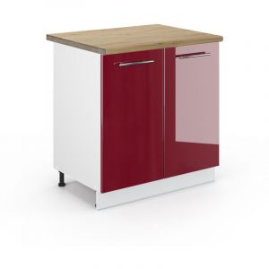 Vicco - Meuble bas sous-évier Fame-Line, Rouge bordeaux Haute brillance, 80 cm, pt Chêne