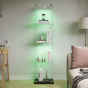 Vitrine &agrave; 4 &eacute;tag&egrave;res avec LED, en verre tremp&eacute;, avec Poign&eacute;e M&eacute;tal et Fermeture &agrave; Cl&eacute;, base noir, 39.8x35x163 cm