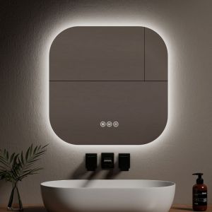 Miroir lumineux de salle de bain Rétro-éclairage led, Miroir carré, Interrupteur Tactile Anti-buée 3 Couleurs de lumières Dimmable - 60 x 60 cm - Emke