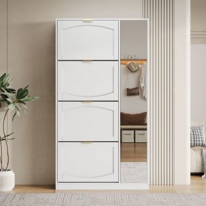 Meuble &agrave; chaussures entr&eacute;e blanc avec miroir et 4 abattants, &eacute;tag&egrave;re r&eacute;glable, panneau de particules, 80x147x24 cm