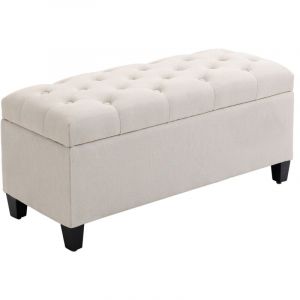 Banc Coffre Tissu Effet Lin Bois De Caoutchouc, 100x40x44 Cm, Cr&egrave;me