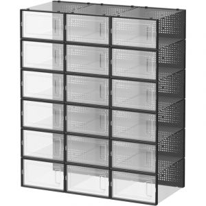 Bo&icirc;tes &agrave; Chaussures, Lot de 18, Organisateur de Chaussures en Plastique, Pliable et Empilable, jusqu'&agrave; la Pointure 44, Transparent et Noir