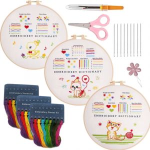 Kit de broderie en 3 &eacute;tapes pour d&eacute;butants, adultes et enfants : kit de point de croix avec motif floral imprim&eacute; simple, tambour &agrave; broder, aiguille.