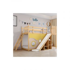 Lit superposé, lit en bois avec escalier et rideau, toboggan et étagère, lit enfant avec protection antichute, cadre en pin, naturel (90x200cm)